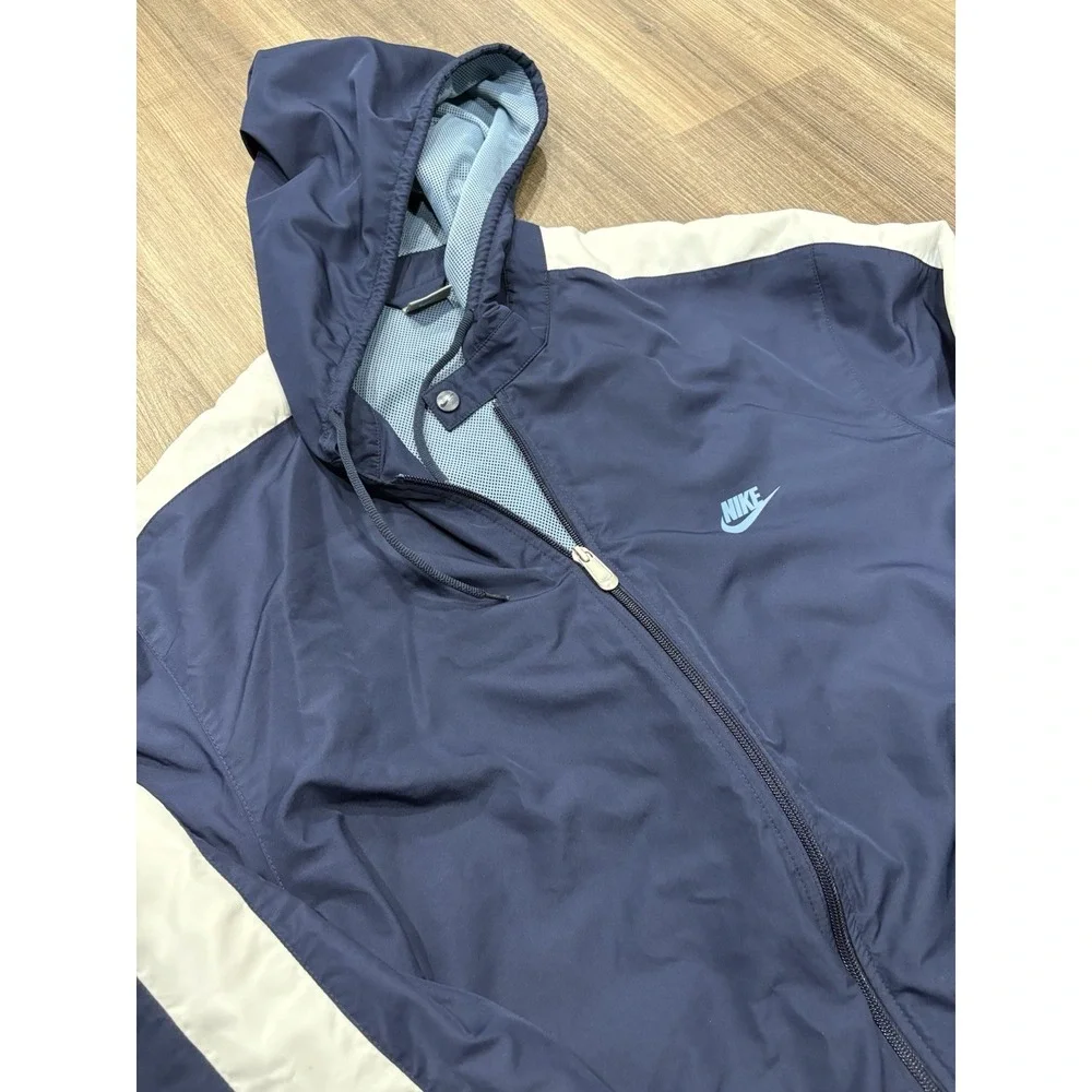 Vintage 90s Nike Side Swoosh Navy Zip Up Hooded Winter Jacket Men's Size XXL‎